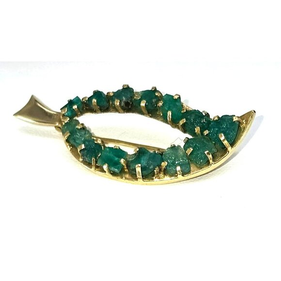 Raw Emerald Brooch Pin 18k Yellow Gold Leaf Shape Vintage Artisan STUNNING LI613 - Picture 12 of 15